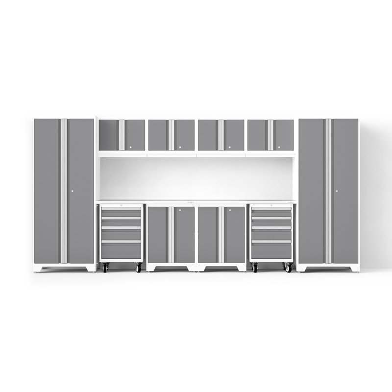 Bold XL Series Platinum 12 Piece Garage Cabinets Set With Tool, Base, Wall Cabinets, Stainless Steel Worktop And 30 In. Lockers