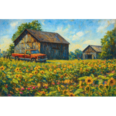 Red Pick Up Truck on the Farm with Wildflowers by Sinead