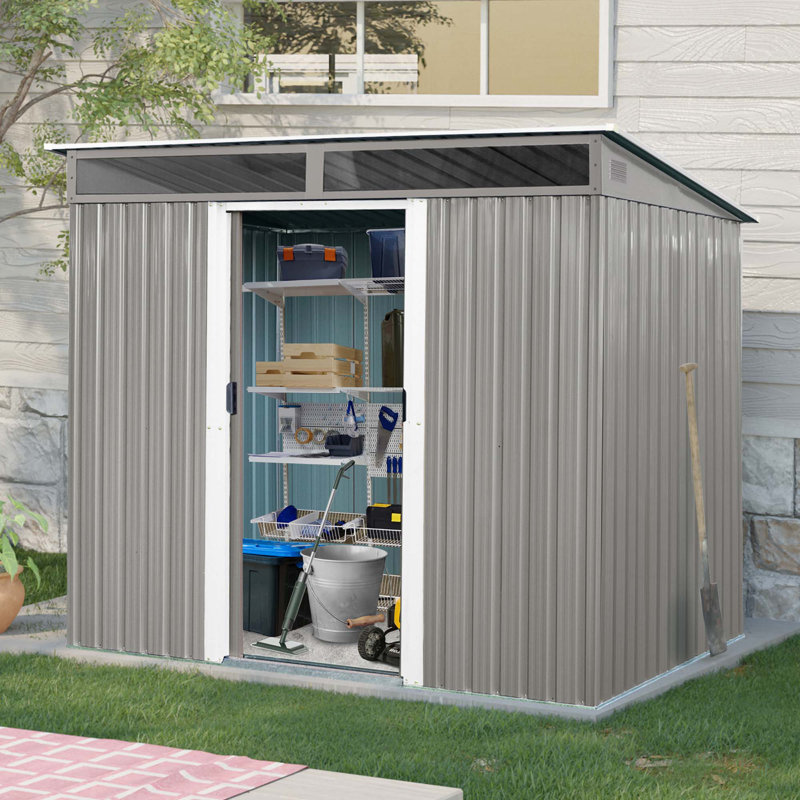 Rangement extérieur en métal 8 pi x 6 pi avec portes coulissantes verrouillables et plaque transparente pour le jardin, la pelouse