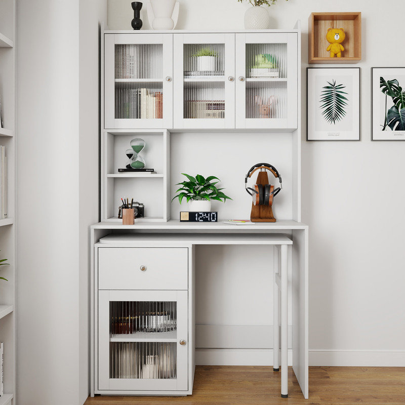 Bureau d'ordinateur avec porte vitrée pour bureau à domicile ou bureau d'étude, bibliothèque et huche, bureau d'ordinateur avec bureau rotatif à 90 degrés, grand espace de travail
