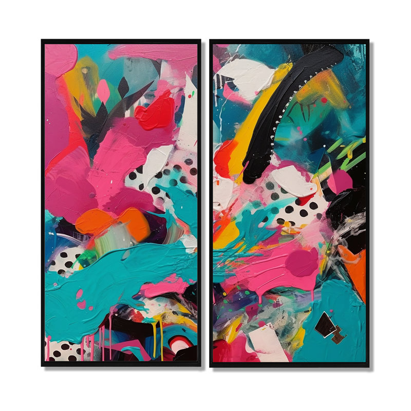 «Enigma» rose et turquoise abstraite II - art abstrait sur toile grand format 2 panneaux, 32" H x 32" W, Black
