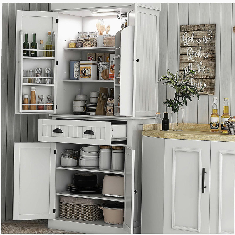 Armoire de rangement de 71 po avec lumière de capteur HOMcom, armoire de rangement haute avec 6 tablettes, 1 tiroir et 4 tablettes réglables, convient pour le salon, la salle à manger, blanc