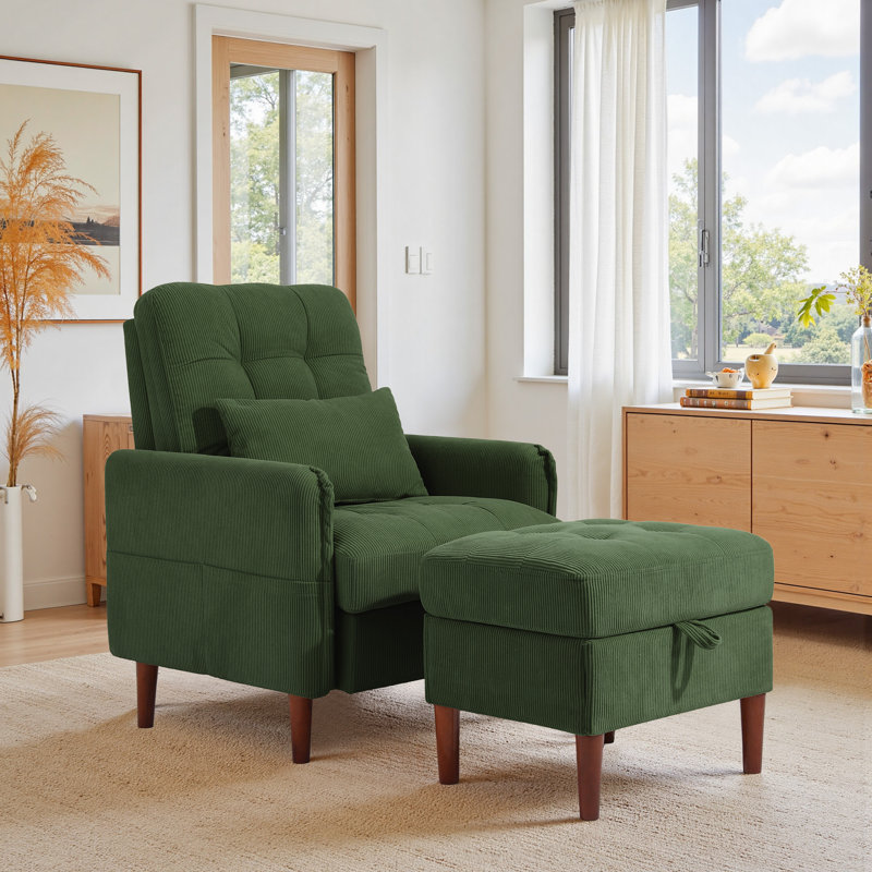 Upholstered Armchair with Footstool, Green