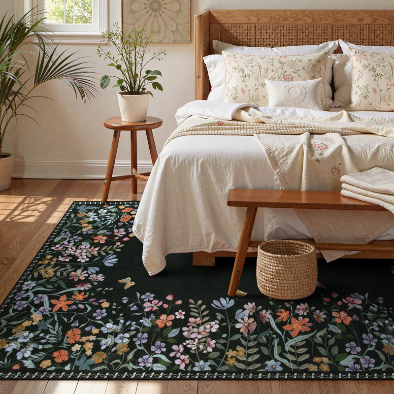  Floral Vintage Washable Black 4X6 Area Rug with Non Slip Backing - Ultra Thin Durable Carpet for Living Room, Bedroom, Dining Room or Office Decor