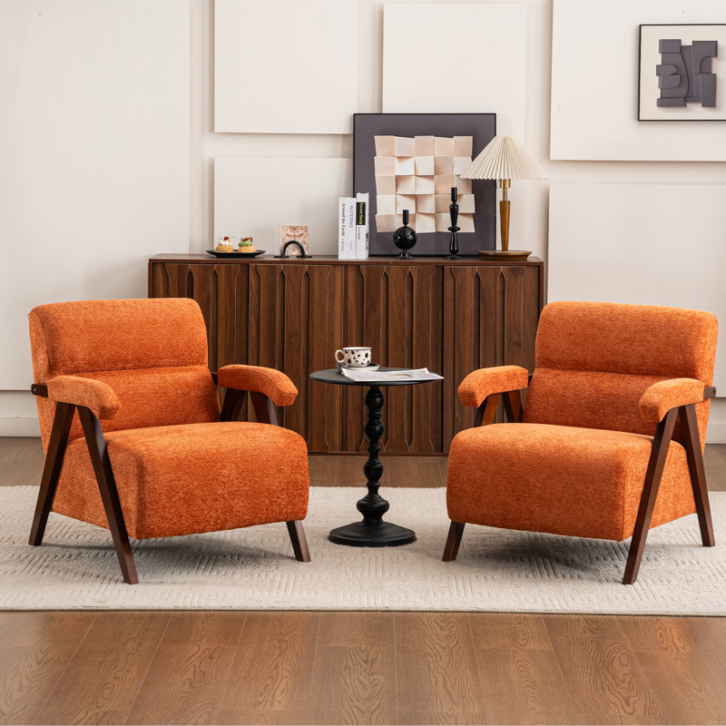 Mid Century Upholstered Arm Accent Chair with Solid Wood Legs, Orange