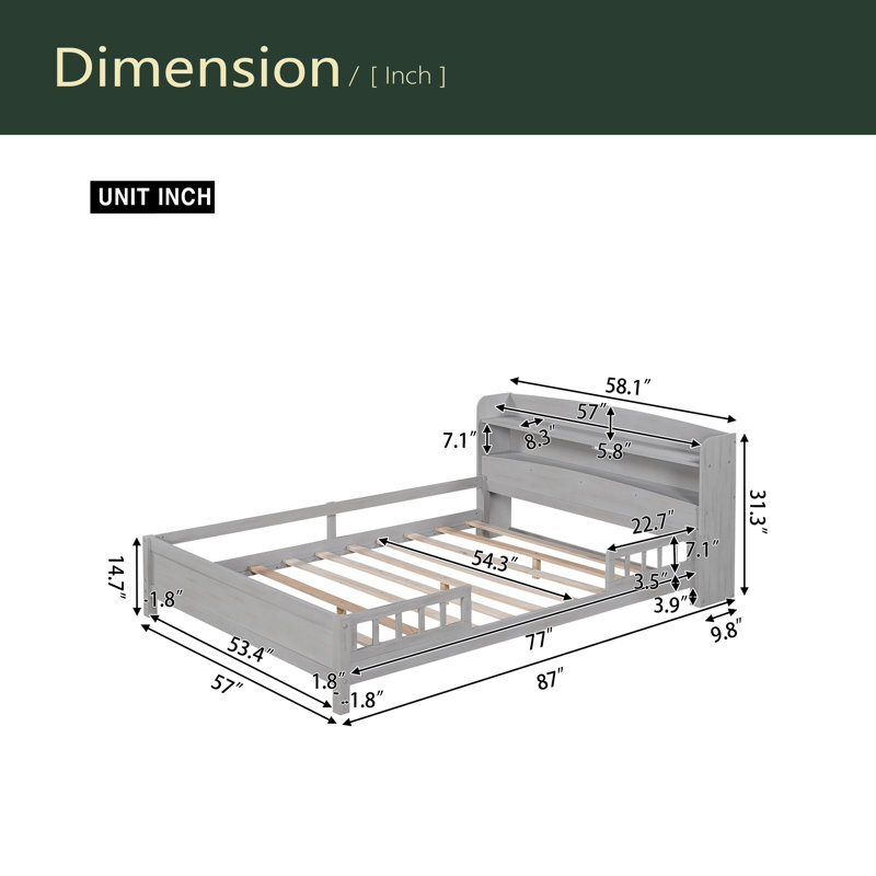 Lit plateforme en bois avec éclairage à DEL intégré, tête de lit avec rangement et garde-corps, Gris antique, Lit double