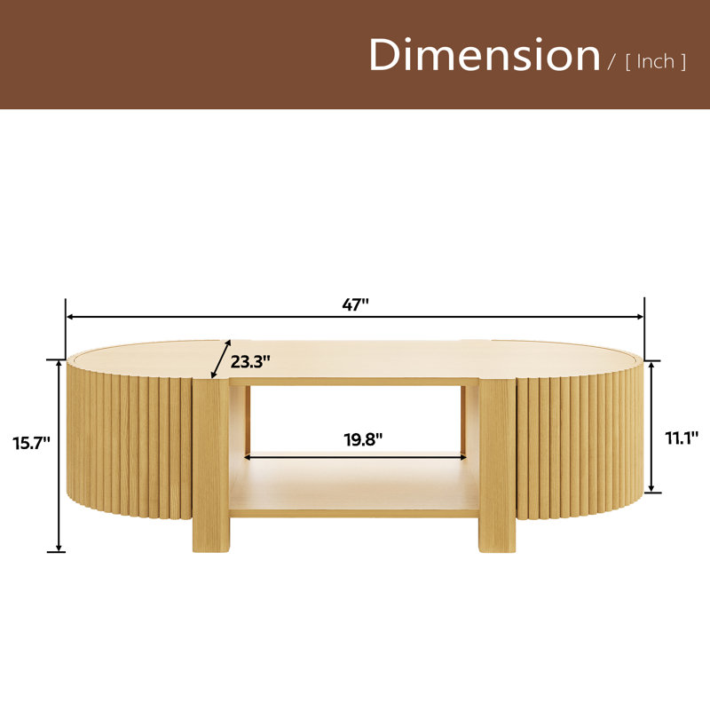 Table basse ovale cannelée avec rangement pour le salon, bois d'hévéa massif, 1 tablette et 2 portes de rangement ouvertes, 47 po