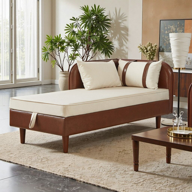 Canapé de rangement de 65 pouces avec coussin en mousse et structure en bois, Brun / beige