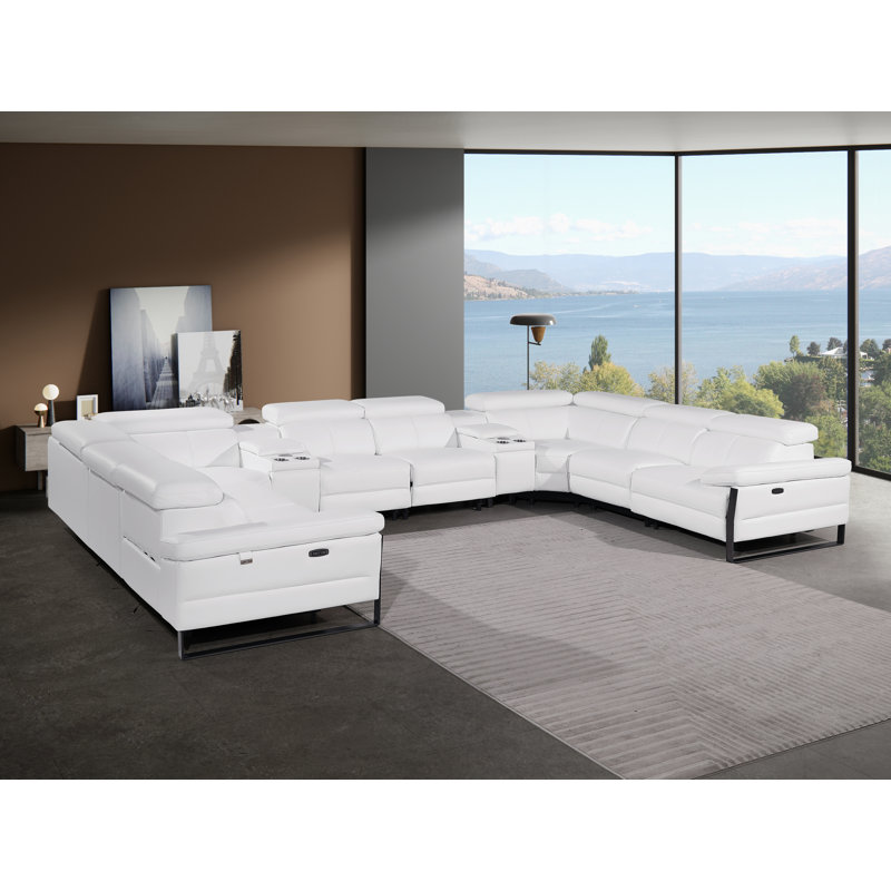 Top Grain Italian Leather 10-Piece U-Shaped Modular Power Reclining Sectional With 4 Power Recliners & Power Headrests