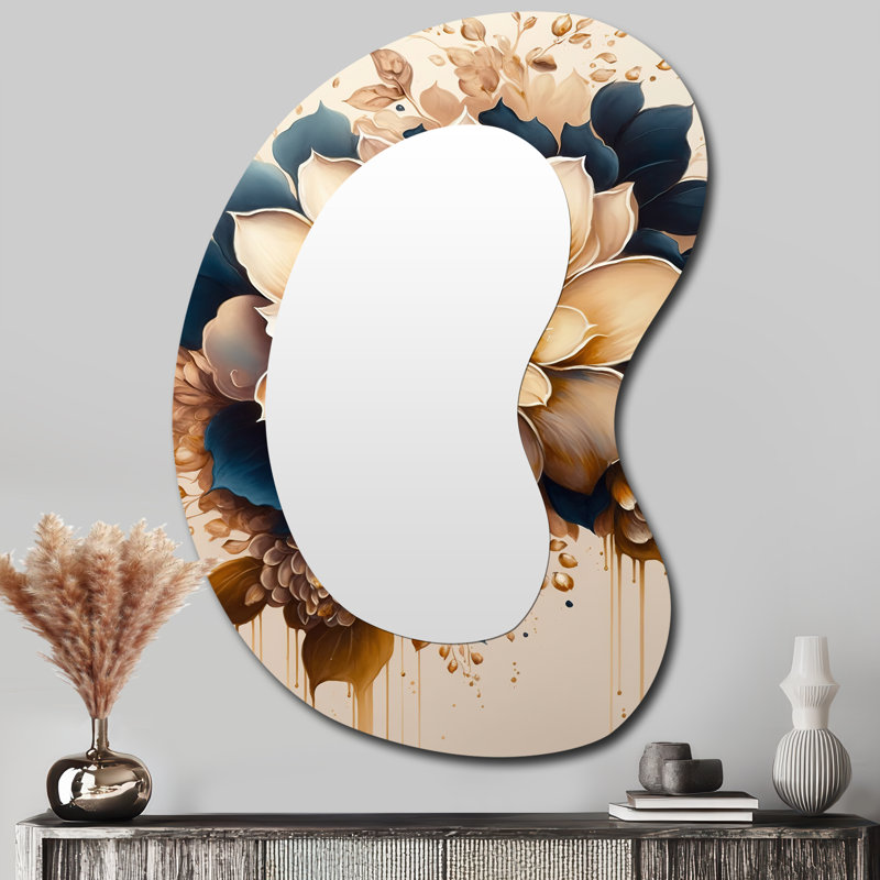 Light Orange And Dark Blue Dhalia III - Dahlia Asymmetrical Mirror, Orange Irregular Shape Unique Wall Mirror, Printed Metal Art