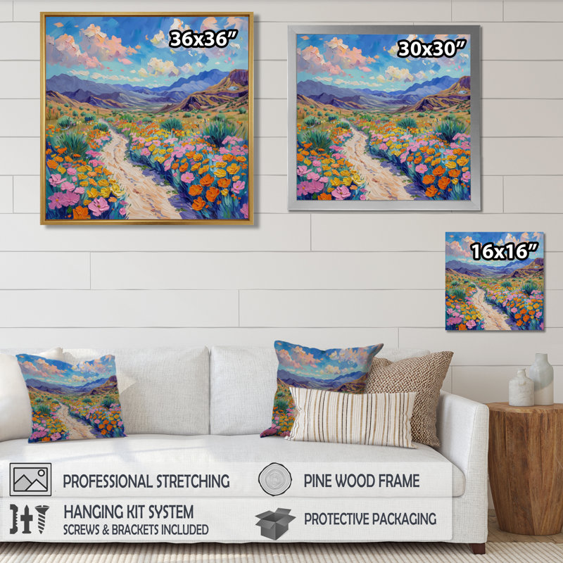 Rose, vert, romantique, désert, été, fleurs - désert, art mural, H 16 po x l 16 po x P 1 po, Cadre simple blanc
