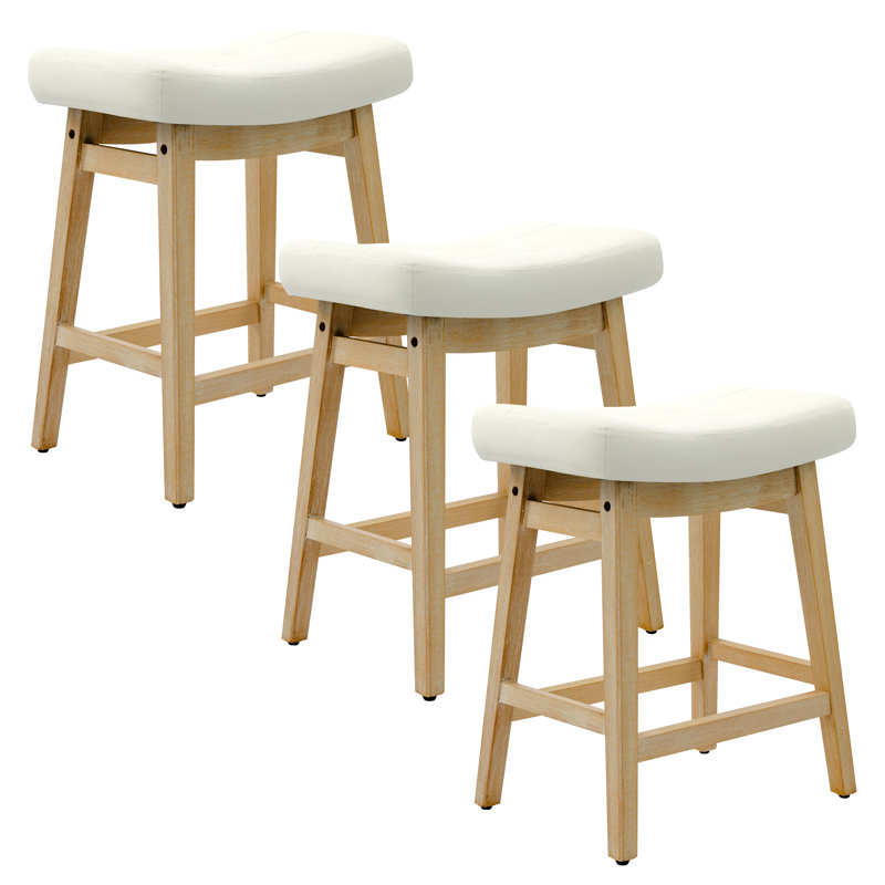 24inch Wooden Backless Saddle Counter Height Barstools Wide Seat Comfortable For Kitchen Island, PU White Seat/Wood Frame