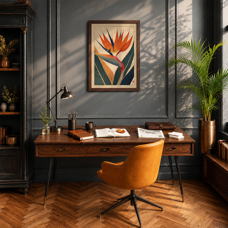 Bird of Paradise Botanical - Framed Print, A2 - 59.4 x 42.0 cm, Walnut