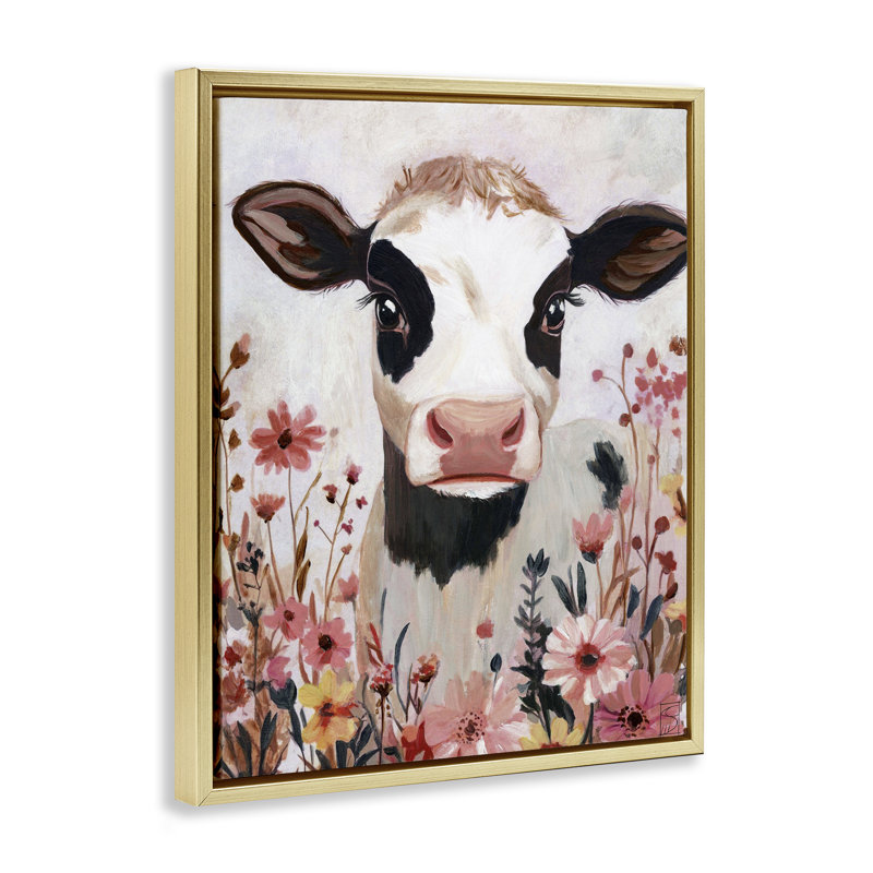 Cadre flottant vache et fleurs sauvages roses, design par Sara Culpepper, H 21 po x l 17 po, Cadre flottant métallique doré