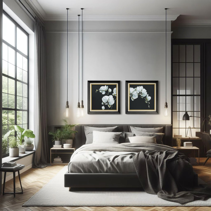 Élégante orchidée blanche sur fond foncé, décoration murale botanique moderne, H 26 po x l 26 po x P 1,5 po, Noir