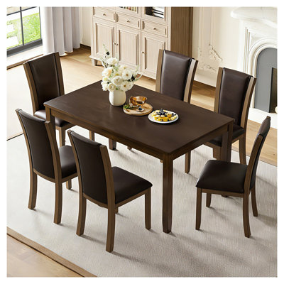 Modern 7-Piece Dining Table Set with 6 Upholstered Chairs, Walnut Finish Rubberwood