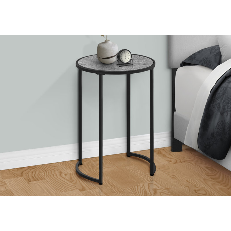 Emeli End Table – Round Faux Marble Top with Black Metal Curved Base, Modern Accent for Living Room, Black, Grey
