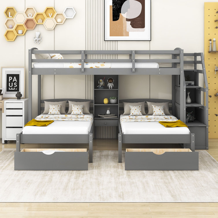 Gudiya Twin over Twin and Twin 3 Drawer Triple Bunk Bed with Shelves by Harriet Bee