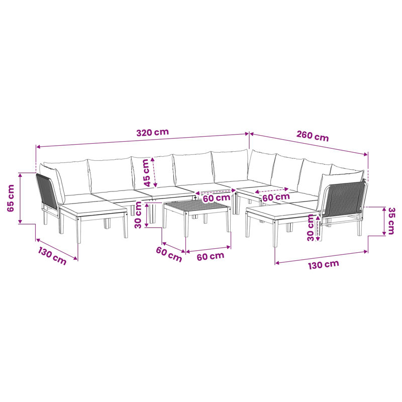 Garden Lounge Set Solid Acacia Wood & Rope Sofa Outdoor Furniture Patio, Cream White, Natural/Black