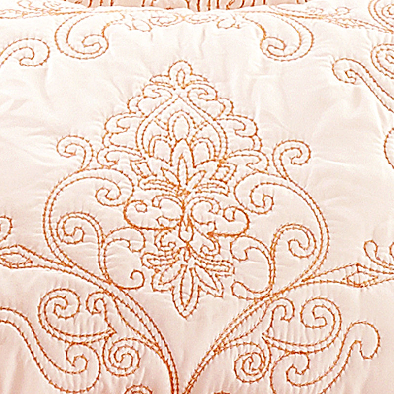 4 Piece Damask Oversized Embroidery Bedspread Set, King Quilt + 2 King Shams + Throw Pillow, Saumon
