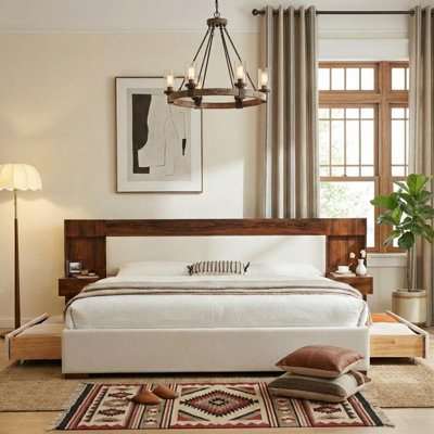 King Linen Upholstered Platform Bed with Built-in Nightstands & 2 Large Storage Drawers & Wood Grain Storage Headboard, No Box Spring Needed, Cream