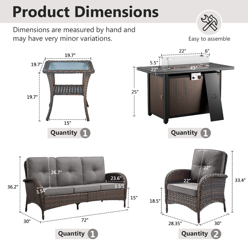 Aluel 5-Pieces Outdoor patio Seating Set Featuring Rectangular Fire Pit Table with Windshield, Gray