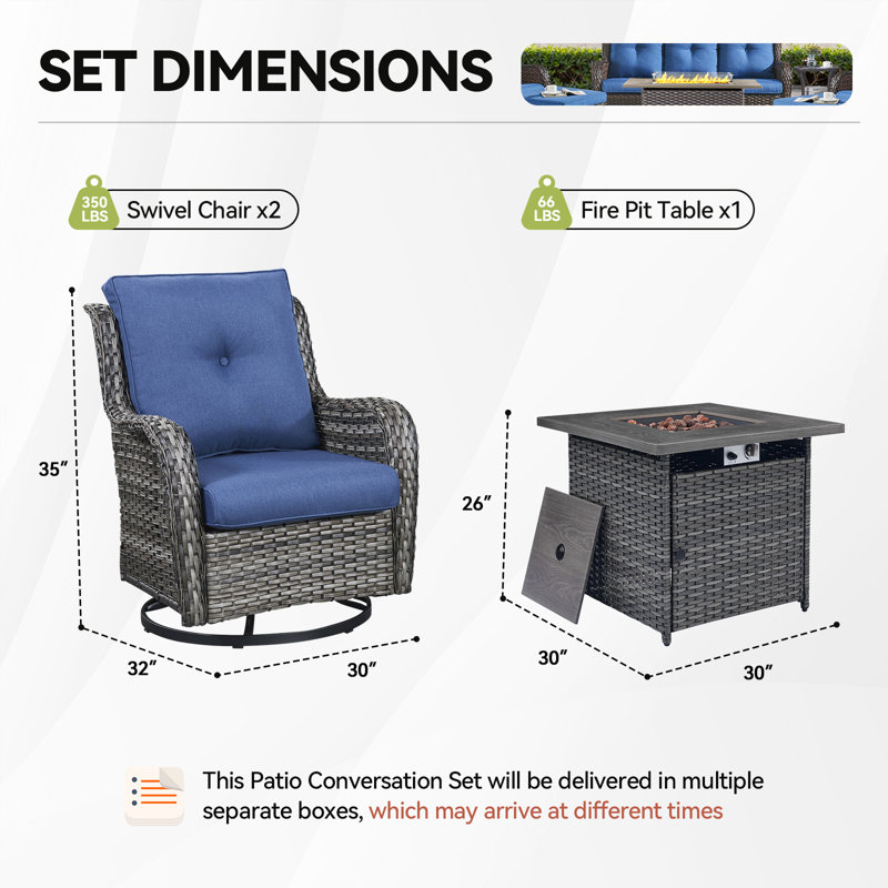 Wendye 3-Piece Outdoor Chair Set With Swivel Chairs & 55K BTU Fire Pit Table, Gray, Blue