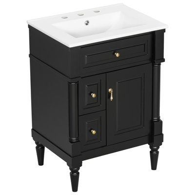 Meuble-lavabo autoportant de 24 po de largeur avec comptoir en céramique, structure en bois d'hévéa massif et tiroir rabattable