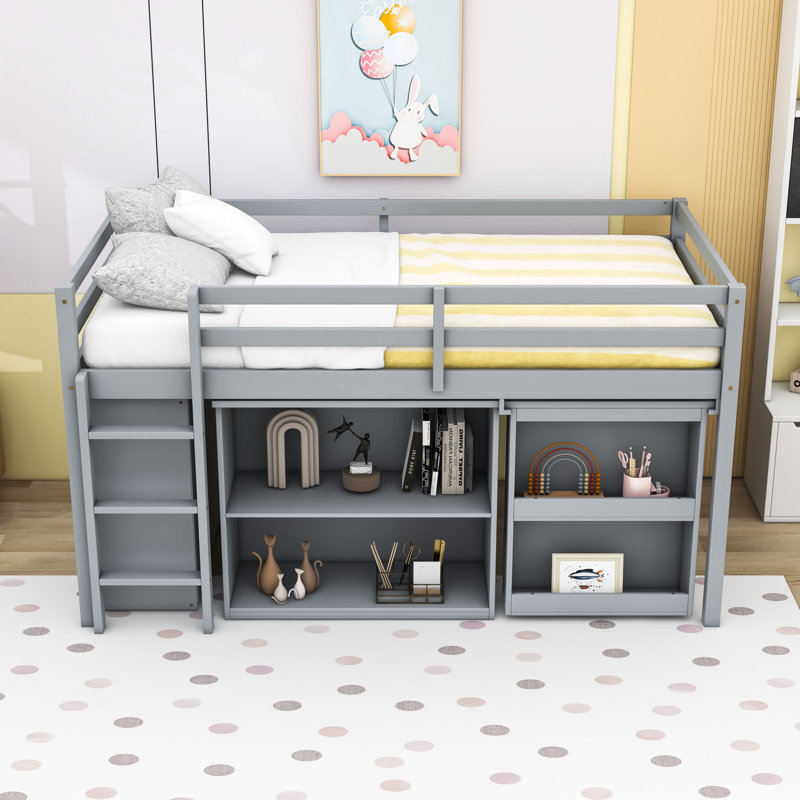 Twin Low Loft Bed With Built-In Desk, Drawer Cabinet And Shelf Cabinet, Grey