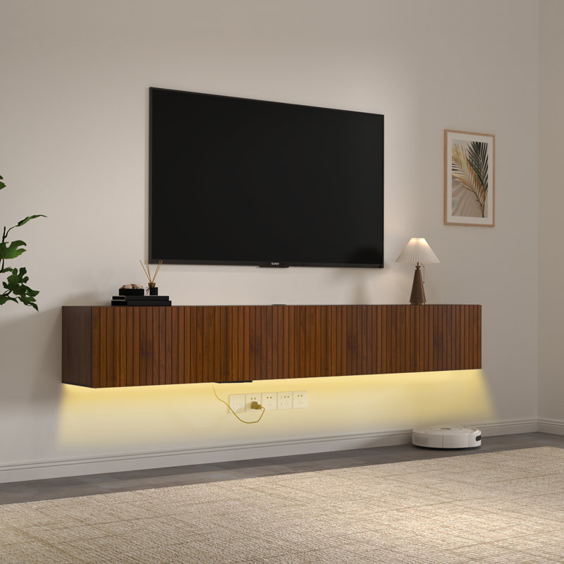 82 Inch Floating Tv Stand For 75 80" TV, Led Wall-Mounted Entertainment Center With Charging Station, Floating Tv Shelf For Living Room, Bedroom, Walnut Brown