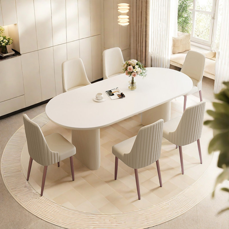 Table et chaises ovales pour la maison, H 29,92 po x L 78,74 po x l 35,43 po, Blanc / brun