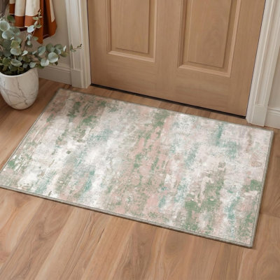 Tapis 3 x 5 pour la chambre à coucher du salon, tapis moderne lavable à la machine, revêtement de sol à poils courts doux avec envers antidérapant pour la salle à manger, rose clair vert