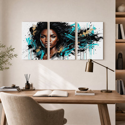 Woman Portrait with Teal and Gold Abstract Splashes Set Of 3 Canvas Wall Art