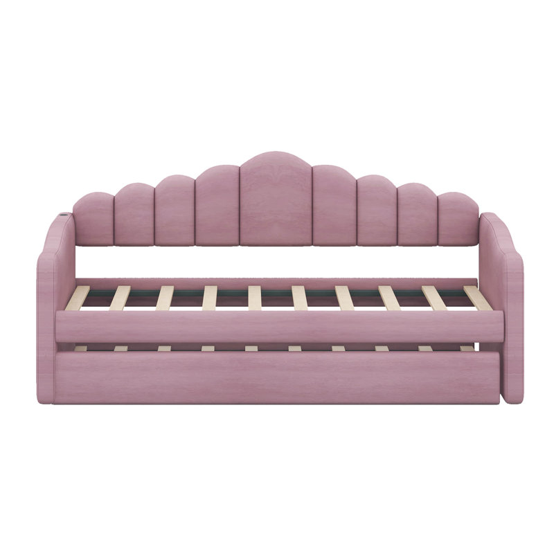 Davein Twin size Upholstered Velvet Sofa bed with Trundle and USB Charging Ports, Pink