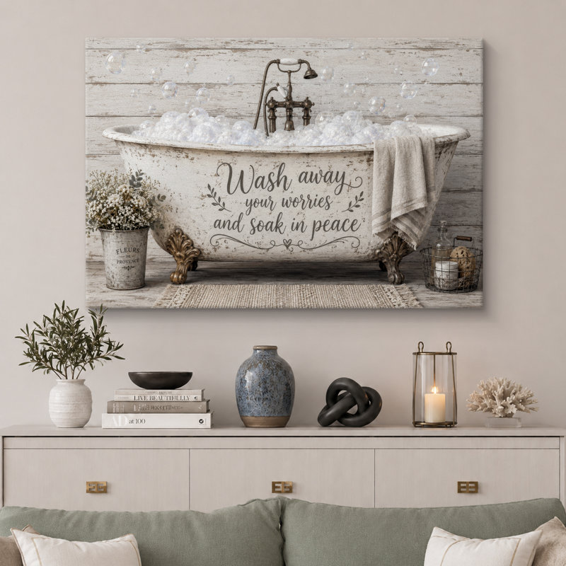 «Vintage Bathaign Wash Away Worries», œuvre d'art de citation sur toile encadrée, impression sur toile, Toile tendue