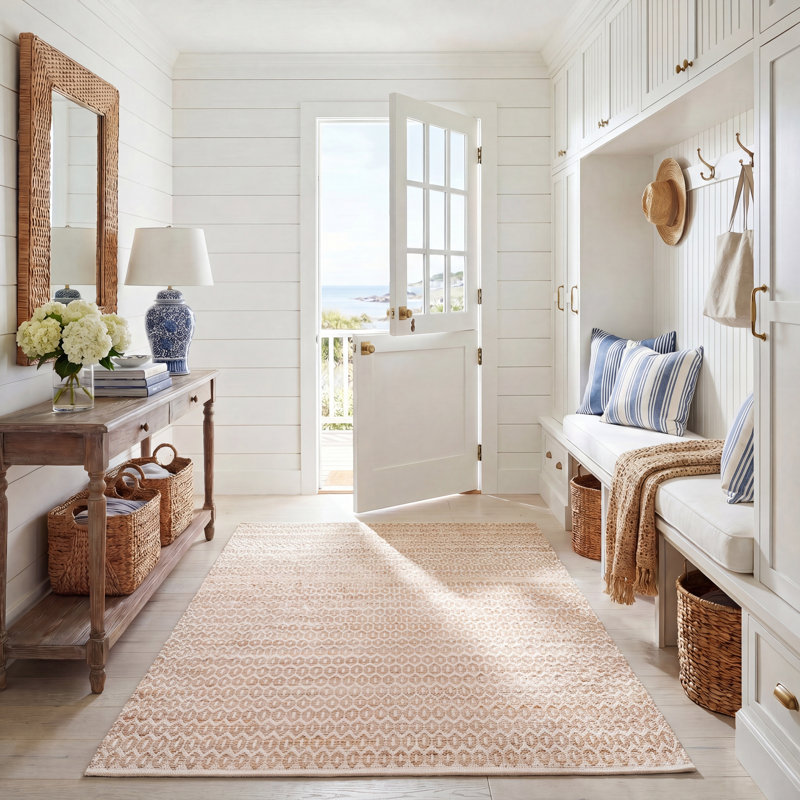 Tapis géométrique en chanvre tissé à la main à fibre naturelle Cinderford, Rectangle 5 pi x 8 pi