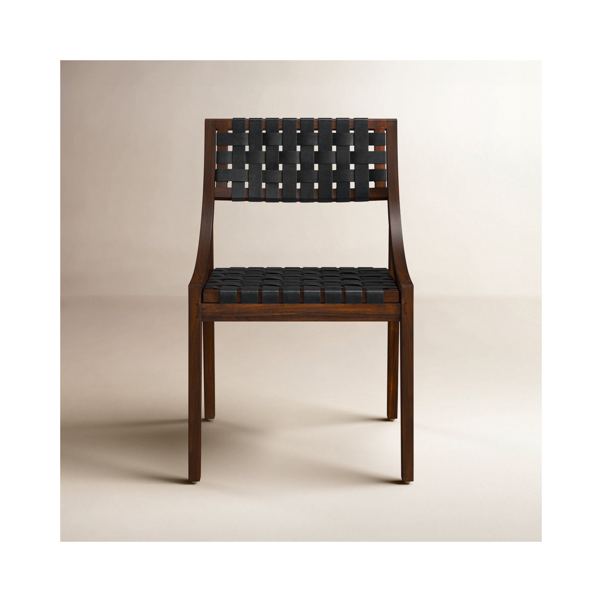 Florian Teak and Woven Full Grain Leather Side Chair, Black, Brown