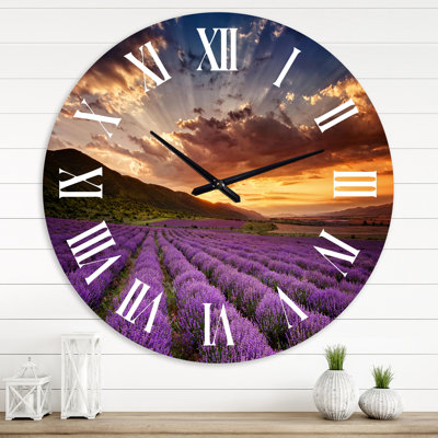 Sunrise & Dramatic Clouds Over Lavender Field X - Farmhouse Wall Clock
