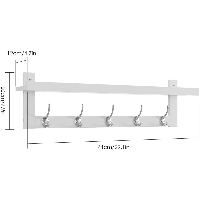 Breki Bamboo Entryway Floating Wall Shelf with 5 Dual Metal Hooks