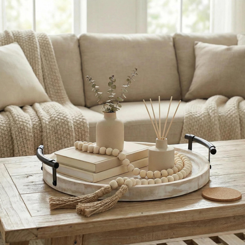 Decorative Round Tray with Bead Garland, Whitewashed Farmhouse Centerpiece for Coffee Table, Kitchen Island, Entryway