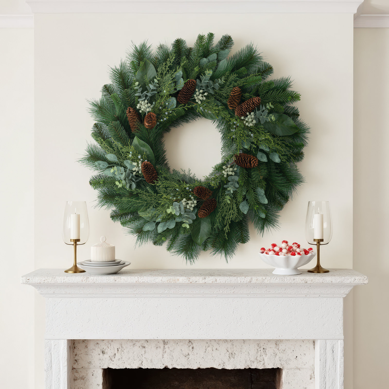 Artificial Mix Pine & Eucalyptus Wreath, 30" H x 30" W x 7.5" D