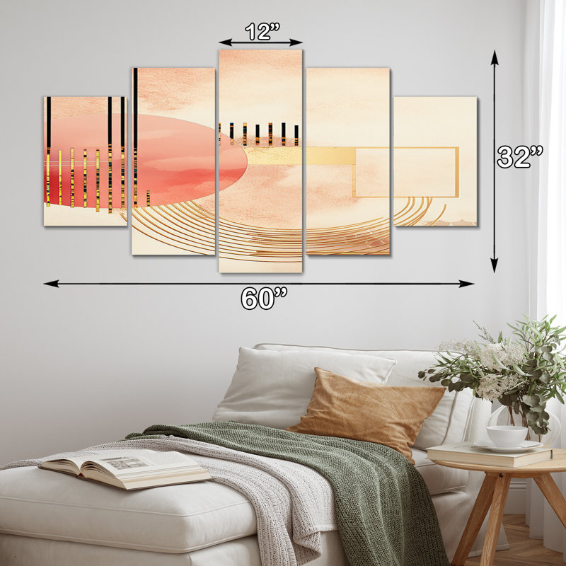  «Lune de sang abstraite, aquarelle rétro III, art mural moderne sur toile géométrique, 5 panneaux