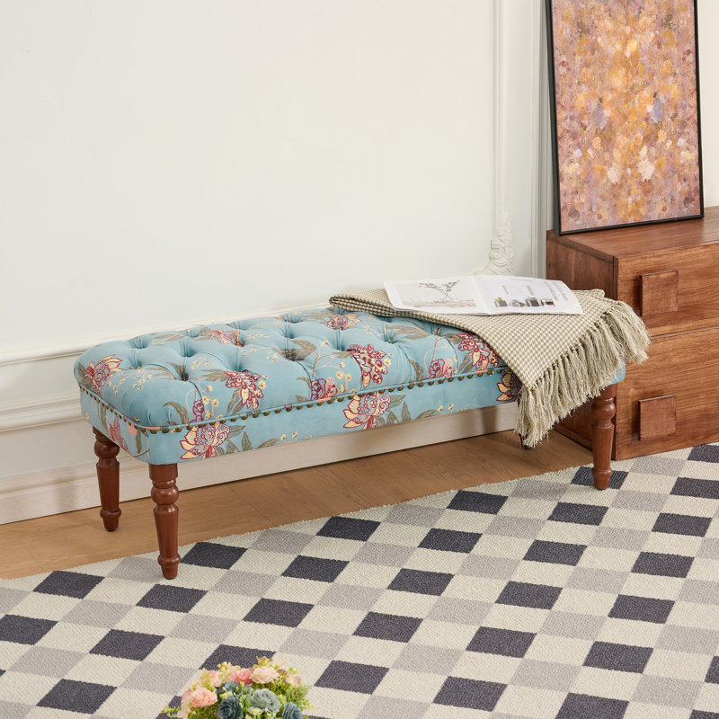 Banc capitonné de style européen avec pieds tournés en bois, repose-pieds rembourré American pour chambre à coucher et espace de vie principal