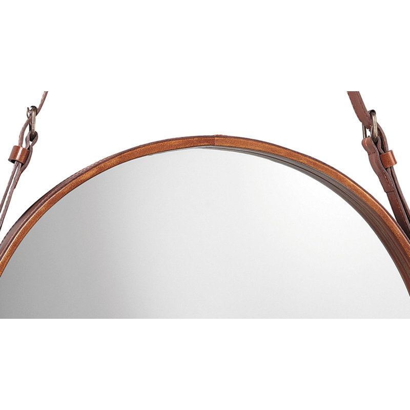 Leather Strap Hanging Wood Wall Mirror, 26" x 26"