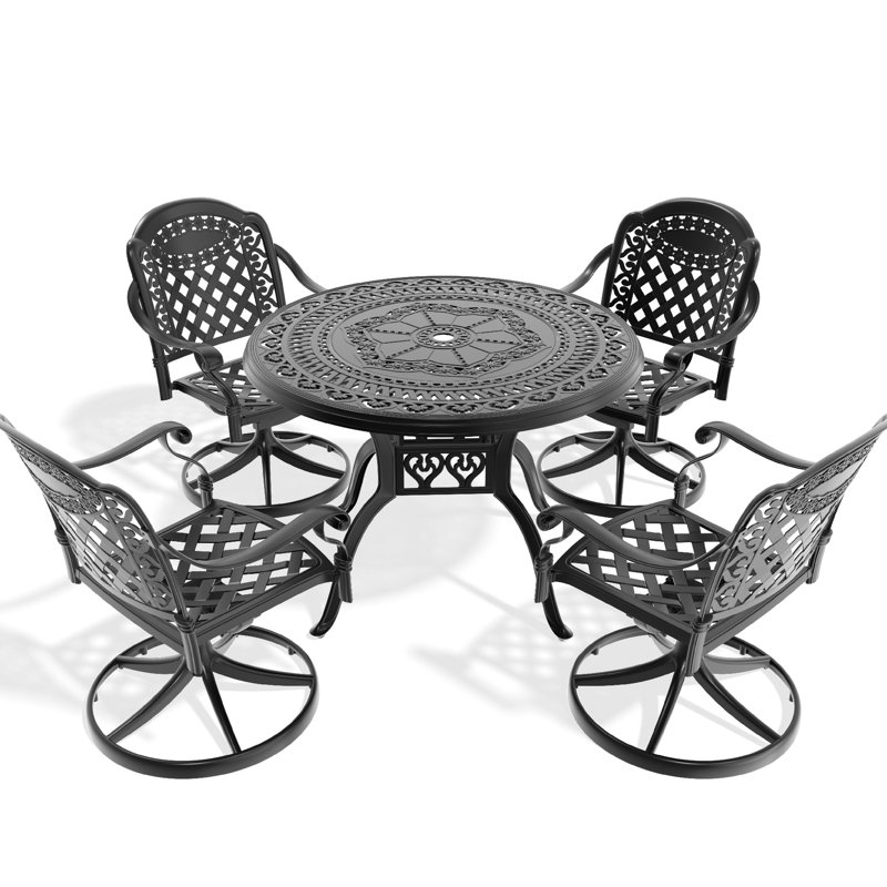 Ensemble de salle à manger en aluminium toutes saisons 5 - 4 chaises pivotantes et table ronde agrégée en fonte noire 39,37 po