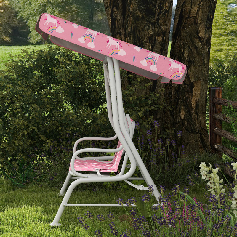 2 Person Porch Swing with Canopy, White/Pink, White