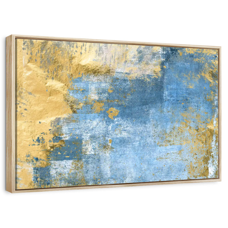 Gold And Blue Lindell, Floating Frame Natural Wood, 31" X 21"