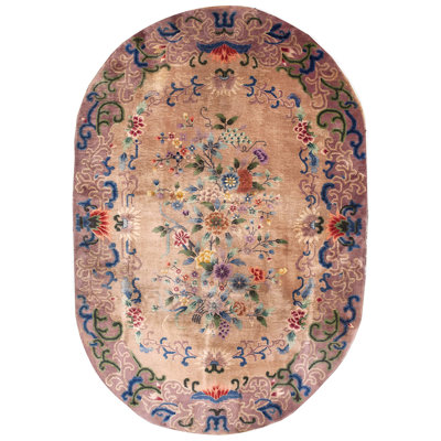 Antique Art Deco Chinese Wool Pile Oval Shape Floral Rug