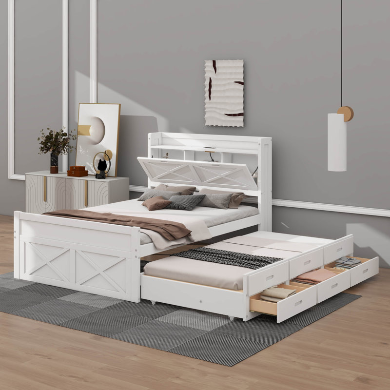 Lit en bois avec tête de lit avec prises électriques, Lit double, Blanc