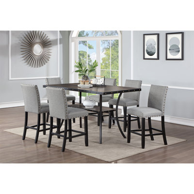 Dining Room Furniture Rectangle Top Dining Table 6X High Chairs  Fabric Tufted Roll Back Top Chair Storage Shelve 7Pc Counter Height Dining Set